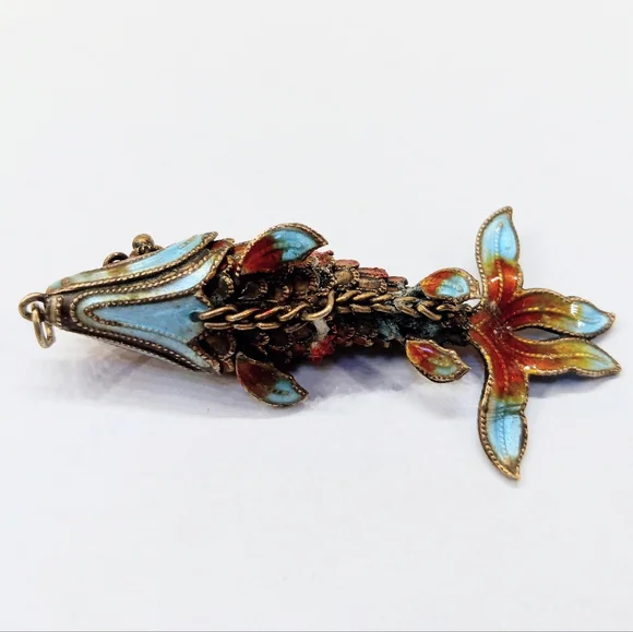 Chinese Export Silver Enamel Articulated Koi Fish Pendant Vintage - Picture 4 of 7